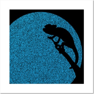 Minimalistic Chameleon Silouette on distressed Light blue moon Background Posters and Art